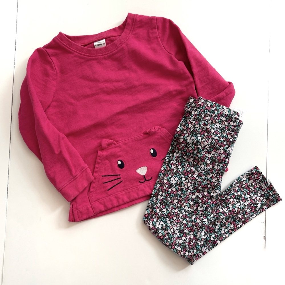 Carter's Hot Pink Cat Pullover with Floral Leggings Set